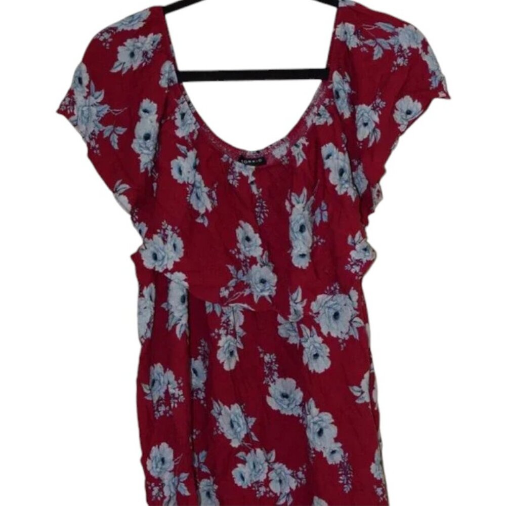 Women's Torrid Pink & Blue Floral Print Off Shoulder Ruffle Blouse - Size 4X